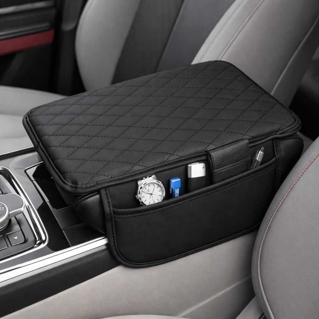 Coruvina® Car Armrest Cushion Cover with Storage Pocket – Soft Leather Center Console Pad, Pressure Relief & Organizer for Car Interior