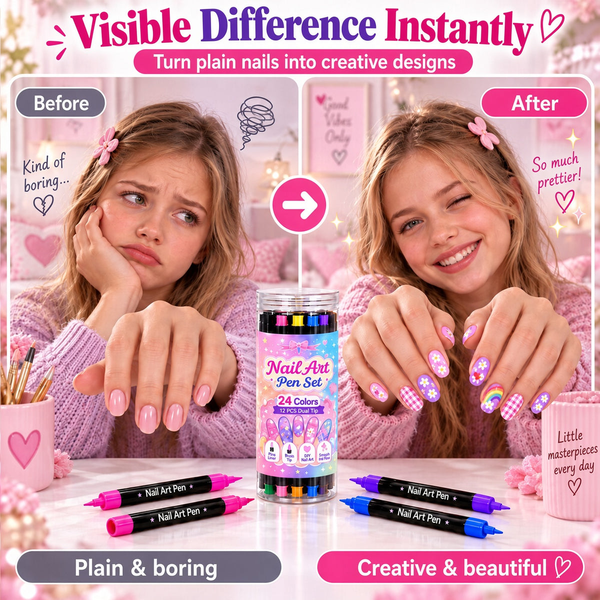 💅 Girls Love It! ✨ 24-Color Nail Art Pen Set | DIY Nail Design for Girls & Kids | Dual-Tip Nail Art Pens for Sleepovers, Birthday Parties & Gifts | No Salon Needed