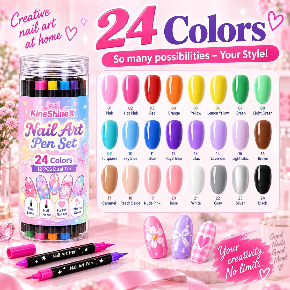 💅 Girls Love It! ✨ 24-Color Nail Art Pen Set | DIY Nail Design for Girls & Kids | Dual-Tip Nail Art Pens for Sleepovers, Birthday Parties & Gifts | No Salon Needed