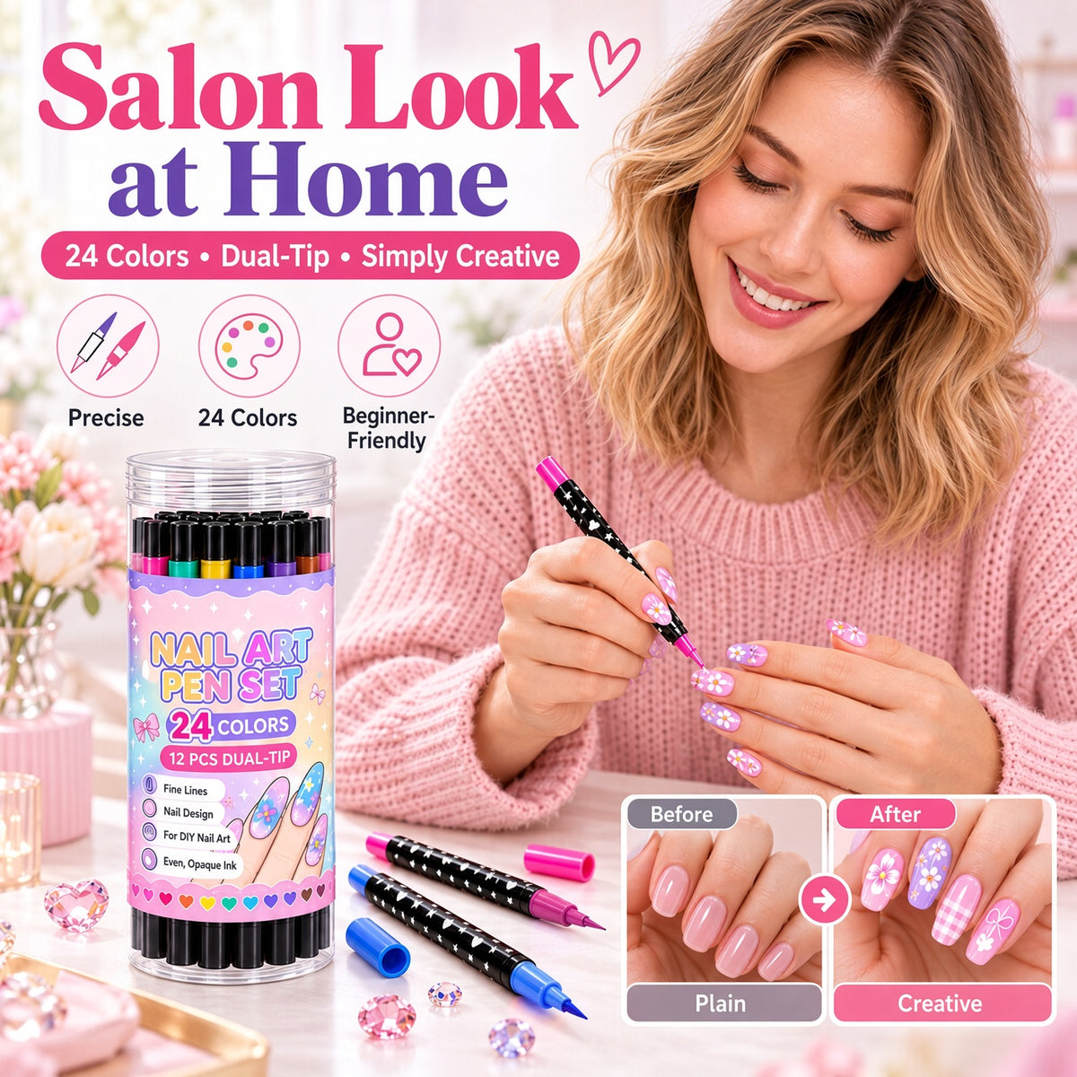 💅 Girls Love It! ✨ 24-Color Nail Art Pen Set | DIY Nail Design for Girls & Kids | Dual-Tip Nail Art Pens for Sleepovers, Birthday Parties & Gifts | No Salon Needed