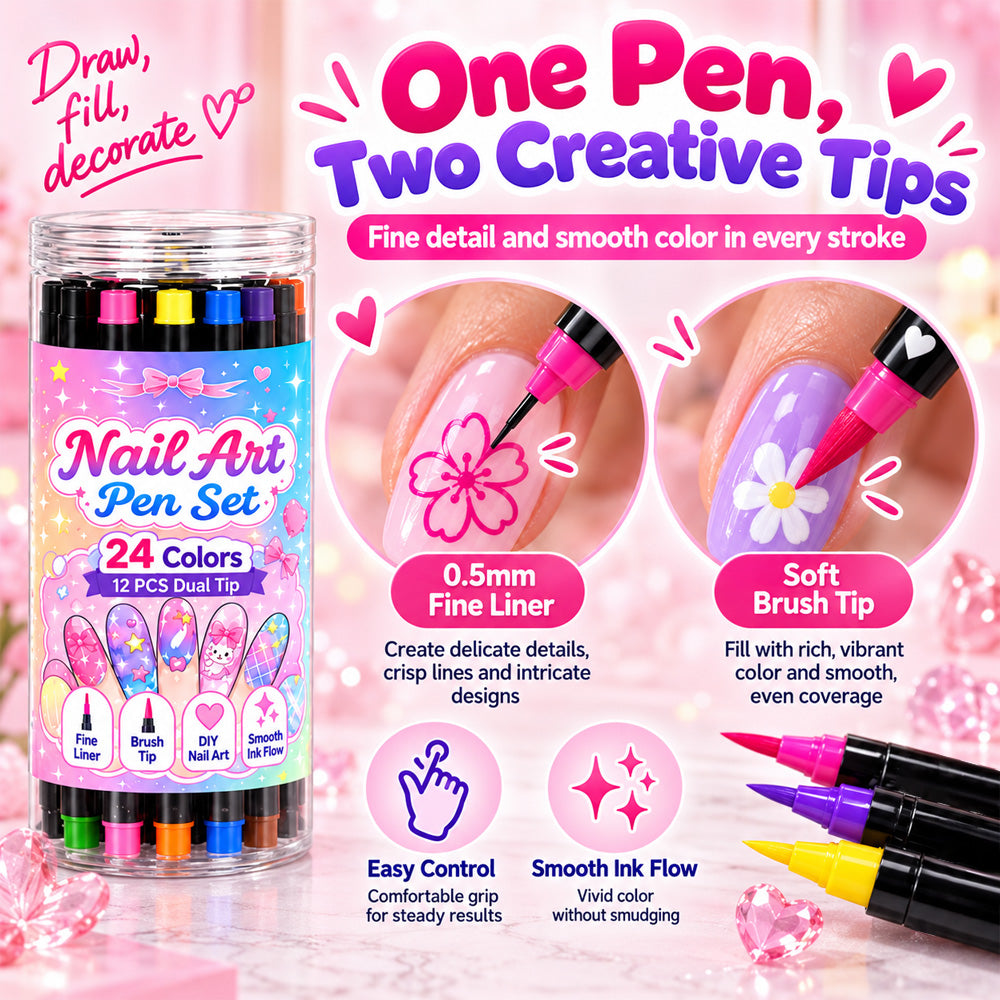 💅 Girls Love It! ✨ 24-Color Nail Art Pen Set | DIY Nail Design for Girls & Kids | Dual-Tip Nail Art Pens for Sleepovers, Birthday Parties & Gifts | No Salon Needed