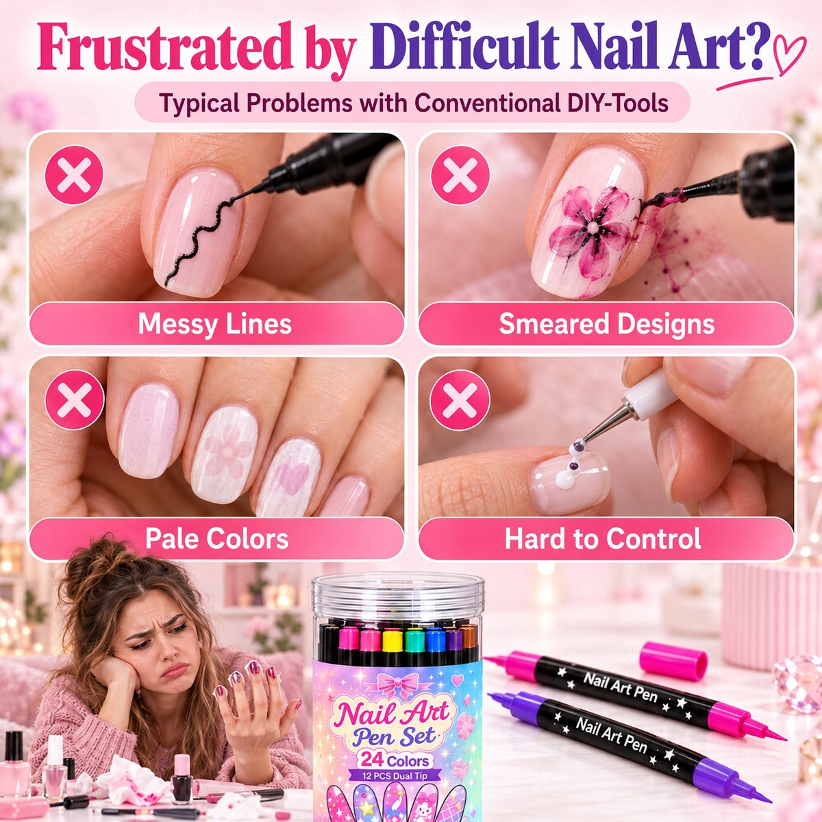 💅 Girls Love It! ✨ 24-Color Nail Art Pen Set | DIY Nail Design for Girls & Kids | Dual-Tip Nail Art Pens for Sleepovers, Birthday Parties & Gifts | No Salon Needed