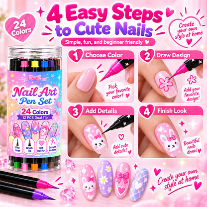 💅 Girls Love It! ✨ 24-Color Nail Art Pen Set | DIY Nail Design for Girls & Kids | Dual-Tip Nail Art Pens for Sleepovers, Birthday Parties & Gifts | No Salon Needed