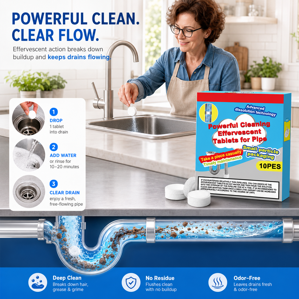 🥳Last Day Buy 1 Get 1 Free!!🫧💞Powerful Cleaning Effervescent Tablets for Pipe, Fast Dissolve Hair Grease Clogs, Deodorizing Antibacterial Pipe Cleaner for Sink Toilet Floor Drain