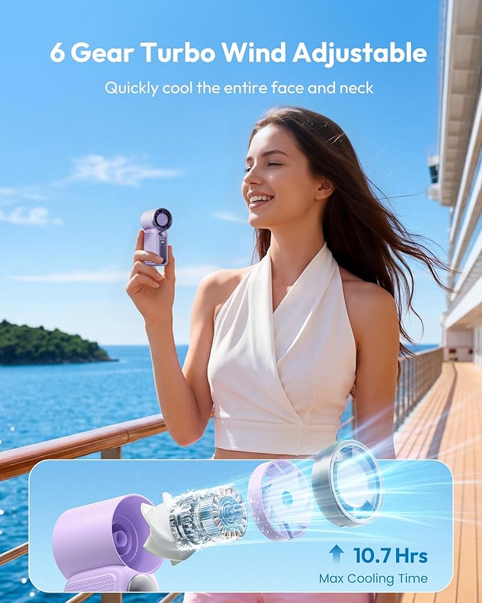 Dlosyvo®🥳2026 HOT SALE🥳50K+ SOLD!❄️  Turbo Handheld Fan – 16900 RPM, 6 speeds, LED display. 3000mAh battery, 10.7hrs cooling. Pocket‑sized power!