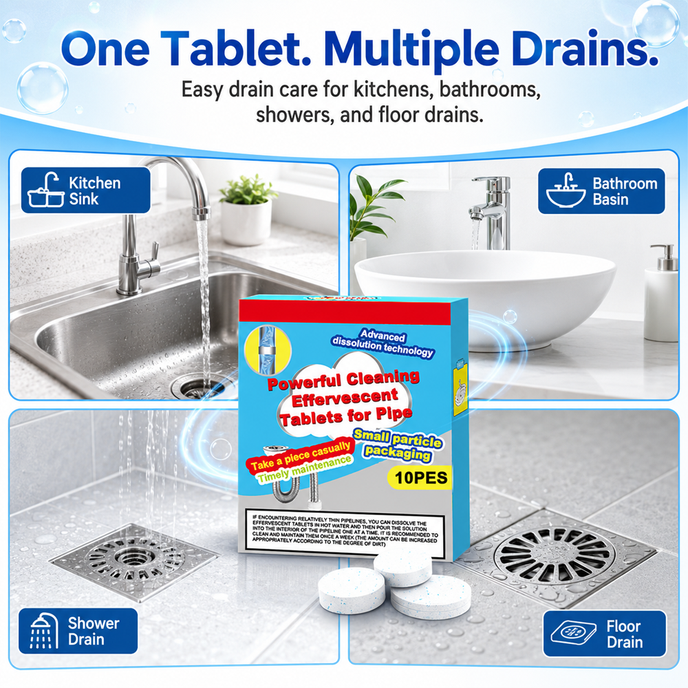 🥳Last Day Buy 1 Get 1 Free!!🫧💞Powerful Cleaning Effervescent Tablets for Pipe, Fast Dissolve Hair Grease Clogs, Deodorizing Antibacterial Pipe Cleaner for Sink Toilet Floor Drain