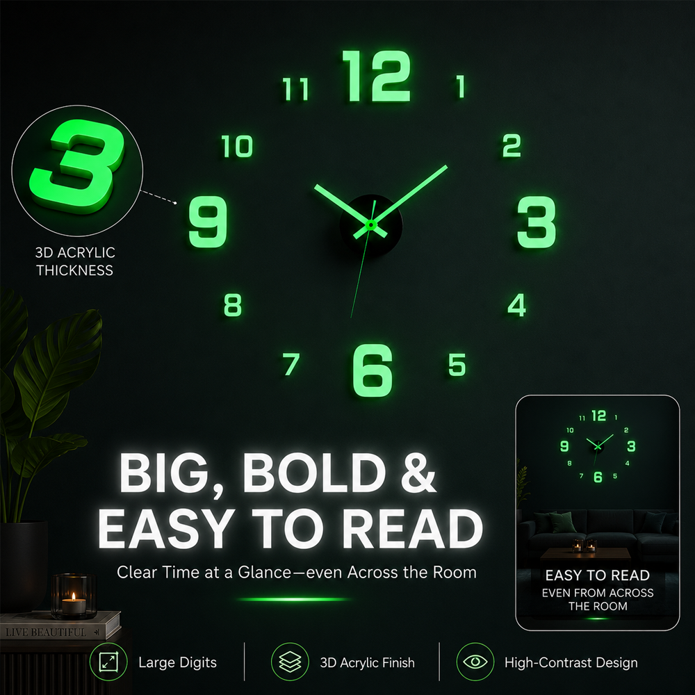 🕒Dlosyvo® Modern 3D Digital Wall Clock 🏠– Silent Acrylic Luminous Wall Decor, Night Glow Easy-Read Time Display, Stylish Home Decoration & Gift