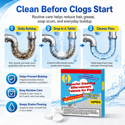 🥳Last Day Buy 1 Get 1 Free!!🫧💞Powerful Cleaning Effervescent Tablets for Pipe, Fast Dissolve Hair Grease Clogs, Deodorizing Antibacterial Pipe Cleaner for Sink Toilet Floor Drain