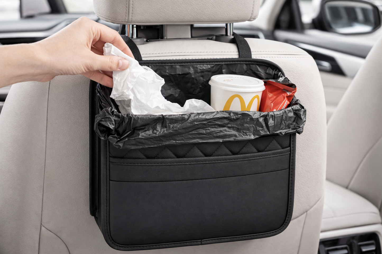 Coruvina® Premium Leather Car Seat Back Organizer – Multipurpose Storage & Trash Bag, Universal Fit for All Vehicles