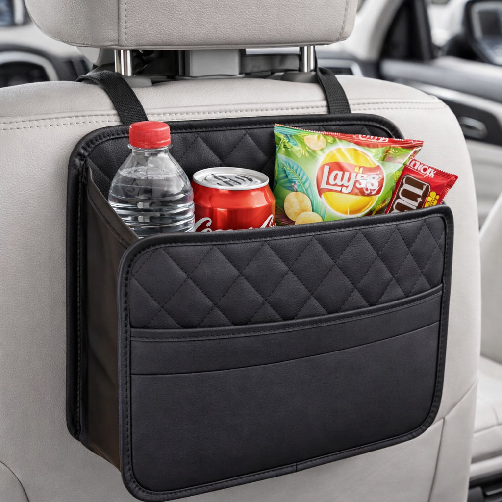 Coruvina® Premium Leather Car Seat Back Organizer – Multipurpose Storage & Trash Bag, Universal Fit for All Vehicles