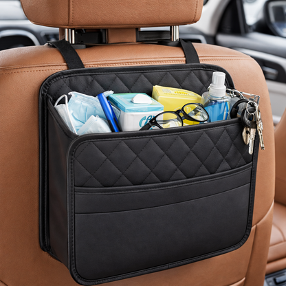 Coruvina® Premium Leather Car Seat Back Organizer – Multipurpose Storage & Trash Bag, Universal Fit for All Vehicles
