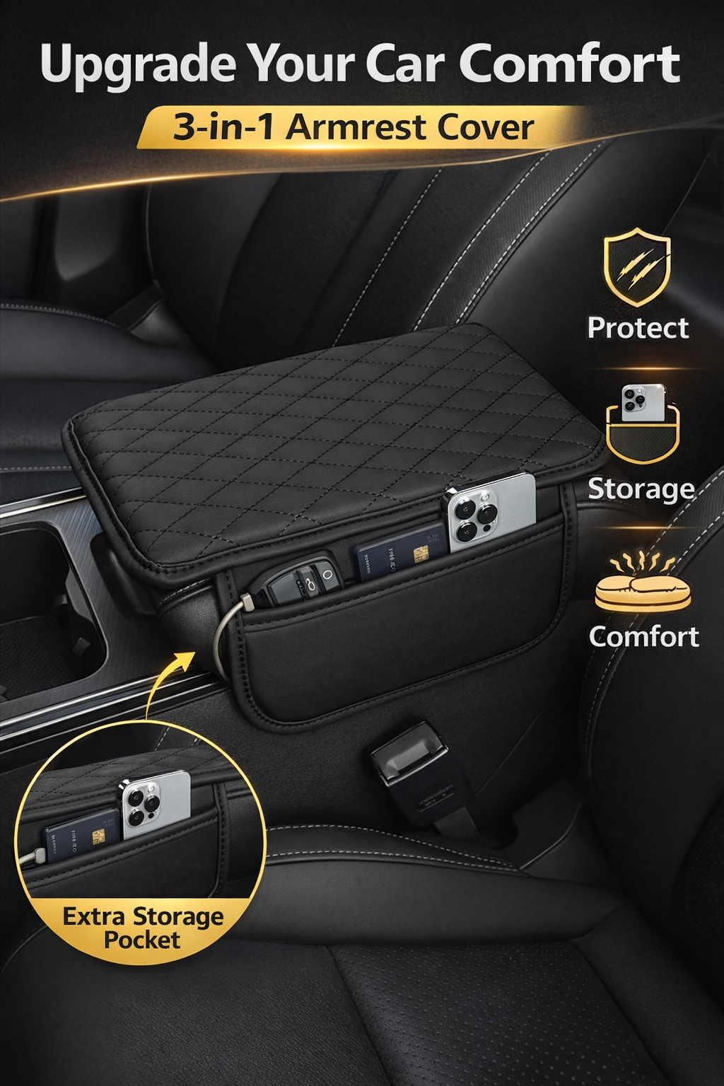 Coruvina® Car Armrest Cushion Cover with Storage Pocket – Soft Leather Center Console Pad, Pressure Relief & Organizer for Car Interior