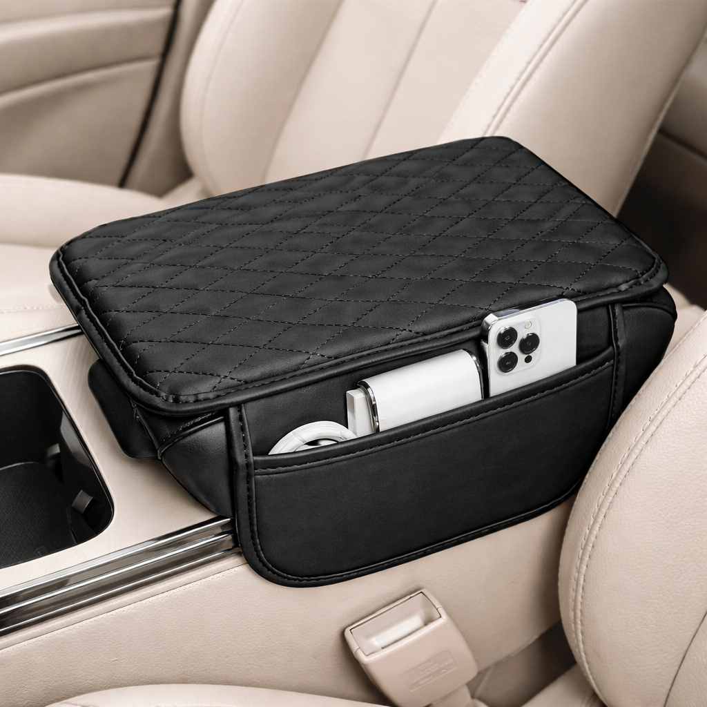 Coruvina® Car Armrest Cushion Cover with Storage Pocket – Soft Leather Center Console Pad, Pressure Relief & Organizer for Car Interior
