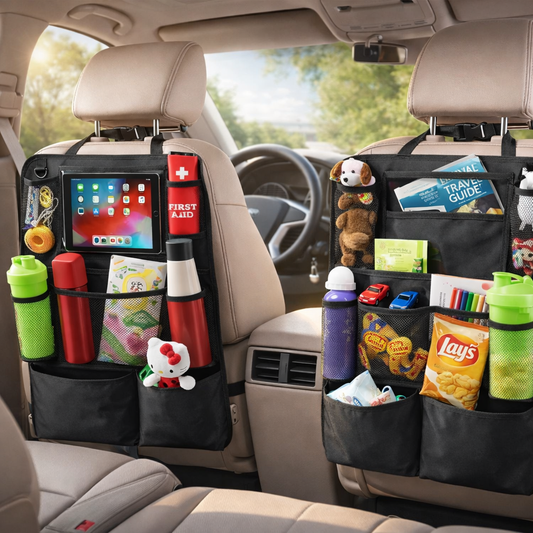 Coruvina® Car Backseat Organizer with Tablet Holder, 9 Storage Pockets Kick Mat Seat Protector, Waterproof Car Seat Organizer for Travel Accessories, Universal Fit (2 Pack)