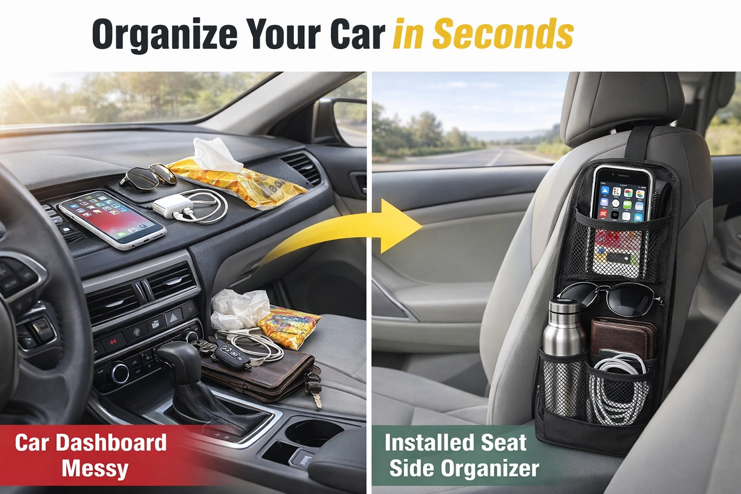 Coruvina® Car Seat Side Organizer Hanging Storage Bag, Multi-Pocket Car Storage Organizer with Mesh and Zipper Pockets, Car Seat Storage Pocket for Phone, Bottle, Wallet, Universal Fit (2 Pack)