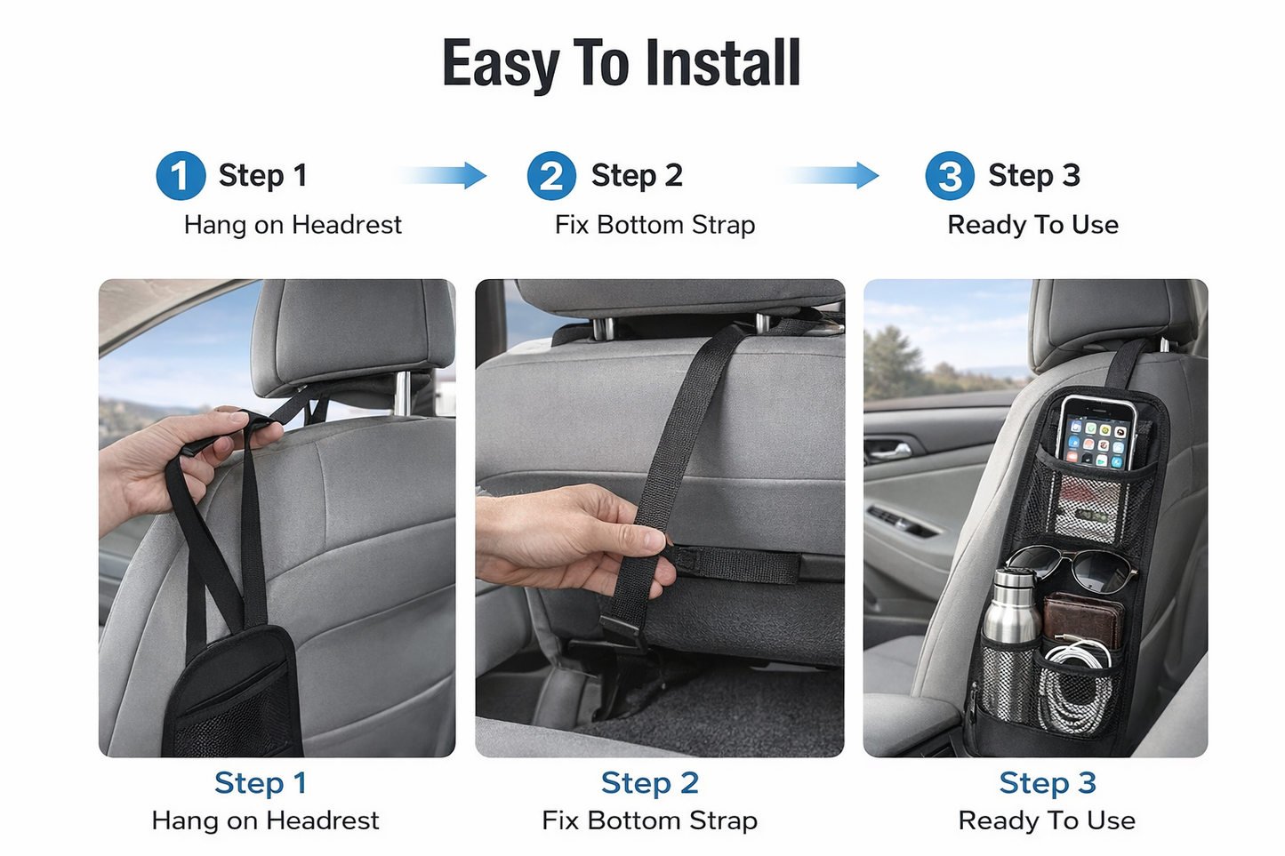 Coruvina® Car Seat Side Organizer Hanging Storage Bag, Multi-Pocket Car Storage Organizer with Mesh and Zipper Pockets, Car Seat Storage Pocket for Phone, Bottle, Wallet, Universal Fit (2 Pack)