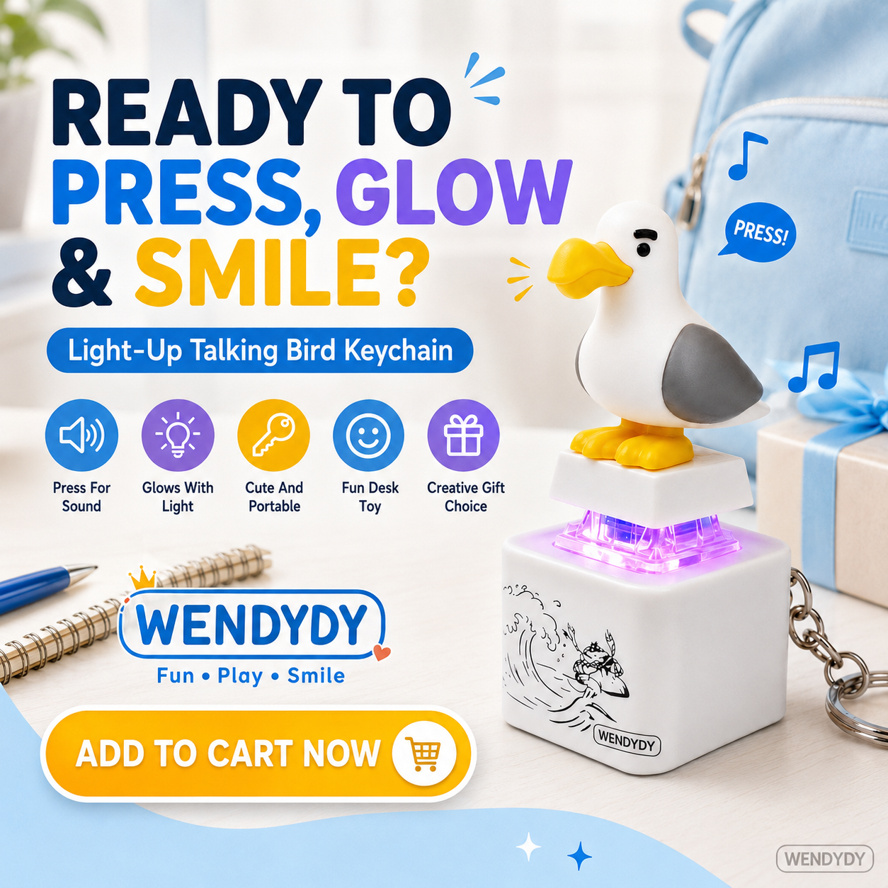 Dlosyvo®🦤 Mine Little Bird Voice-Activated Light-Up Electronic Keychain: Squeeze-to-Play Duck-Shaped Creative Keychain