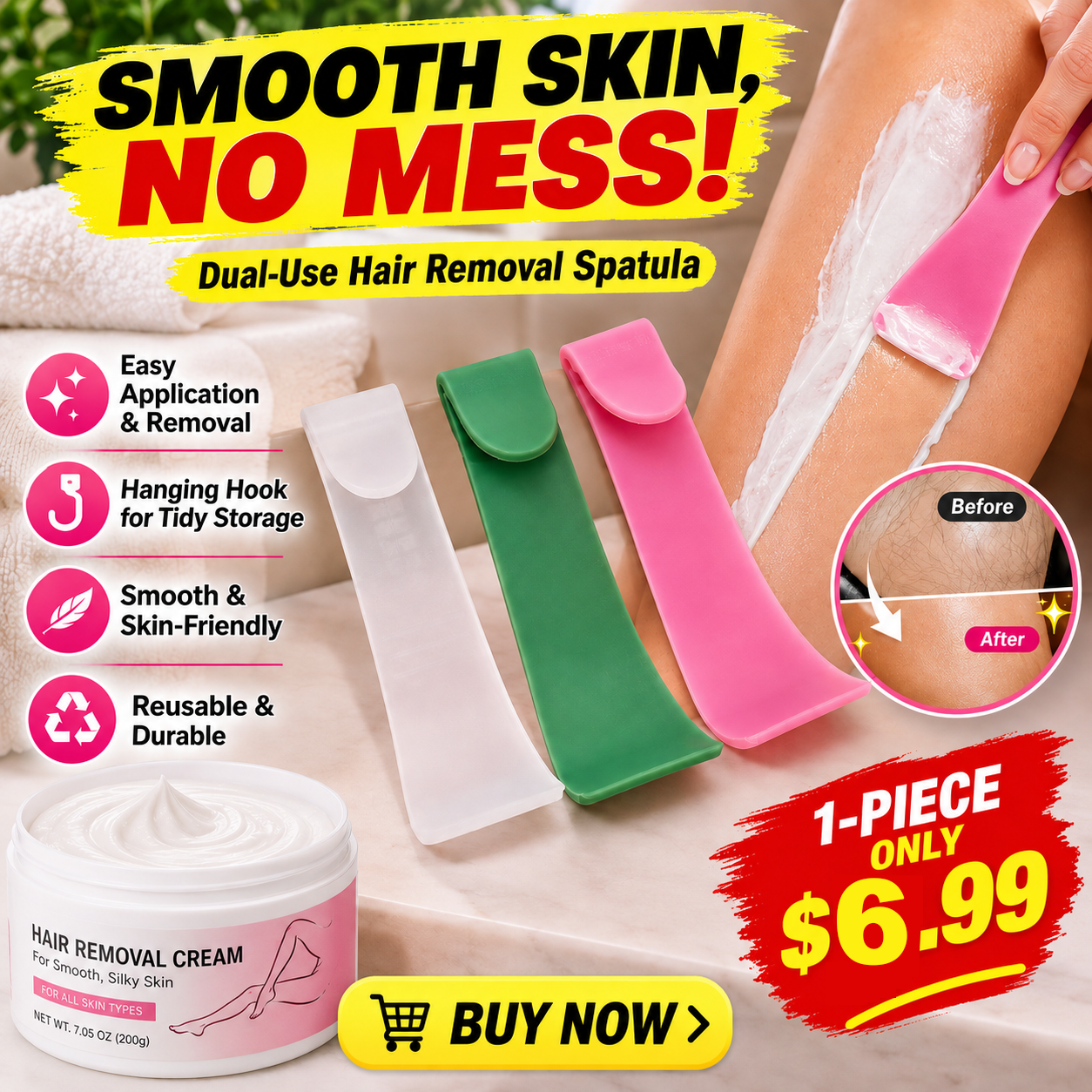 Dlosyvo® PDual‑use spatula applies & scrapes depilatory cream, features convenient hanging‑hook for easy bathroom storage, perfectly matches hair removal cream