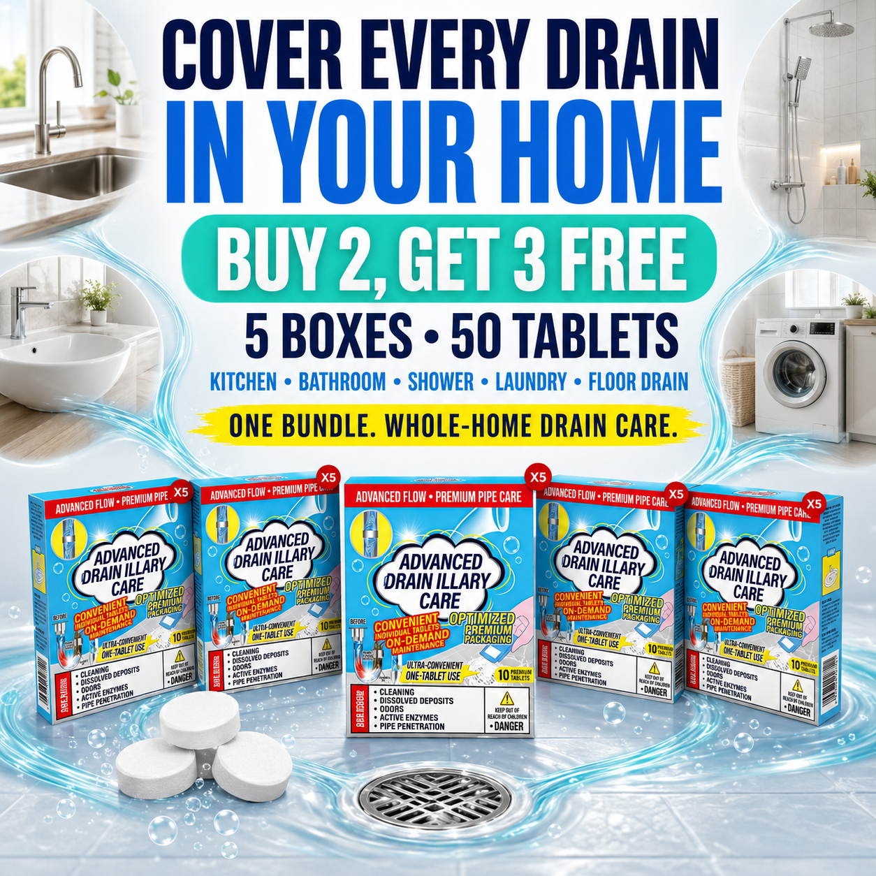 🥳Last Day Buy 1 Get 1 Free!!💞Powerful Cleaning Effervescent Tablets for Pipe, Fast Dissolve Hair Grease Clogs, Deodorizing Antibacterial Pipe Cleaner for Sink Toilet Floor Drain  Dlosyvo®