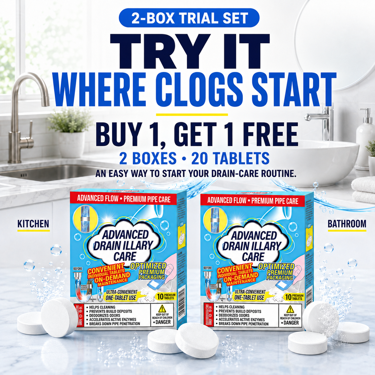 🥳Last Day Buy 1 Get 1 Free!!💞Powerful Cleaning Effervescent Tablets for Pipe, Fast Dissolve Hair Grease Clogs, Deodorizing Antibacterial Pipe Cleaner for Sink Toilet Floor Drain  Dlosyvo®