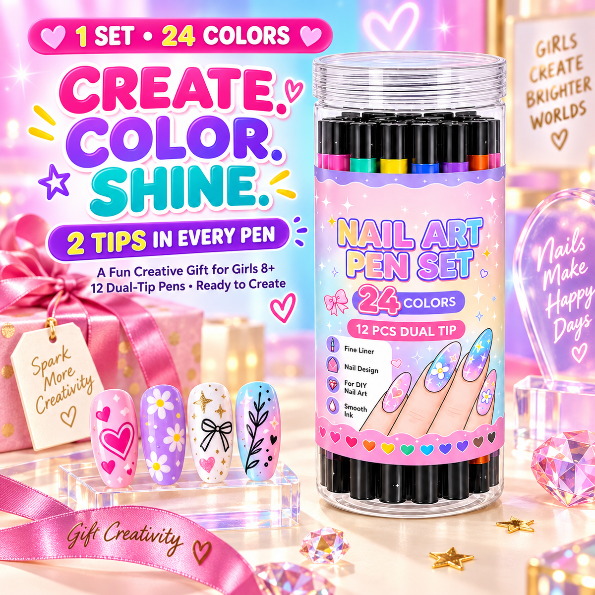 💅 Girls Love It! ✨ 24-Color Nail Art Pen Set | DIY Nail Design for Girls & Kids | Dual-Tip Nail Art Pens for Sleepovers, Birthday Parties & Gifts | No Salon Needed