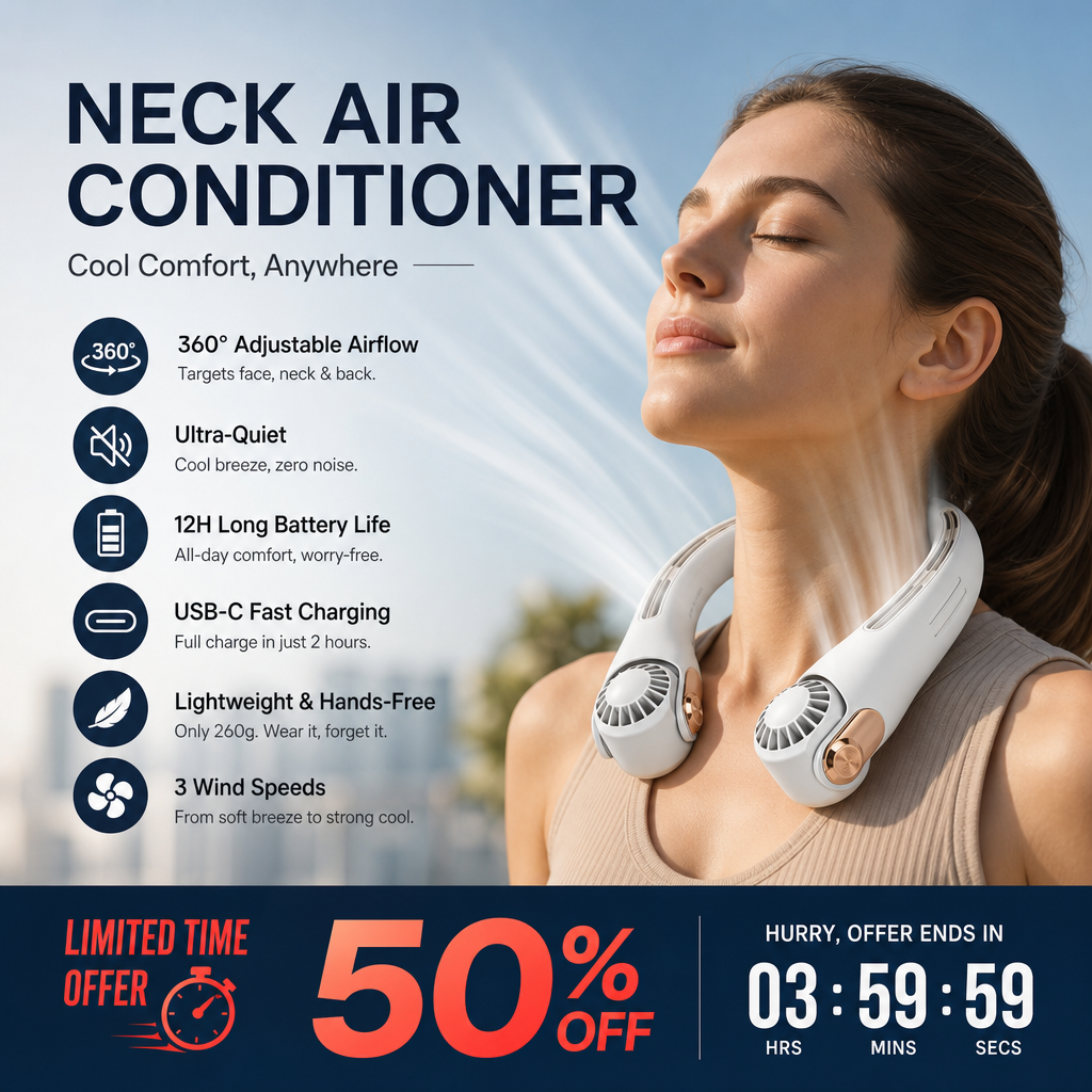 Dlosyvo® 🥳2026 HOT SALE🥳💞50K+ SOLD!🍃 Neck Air Conditioner Fan – Ultra‑quiet, 360° rotating, 3 speeds. Hands‑free cooling, long battery. Summer essential! 😎🌬️